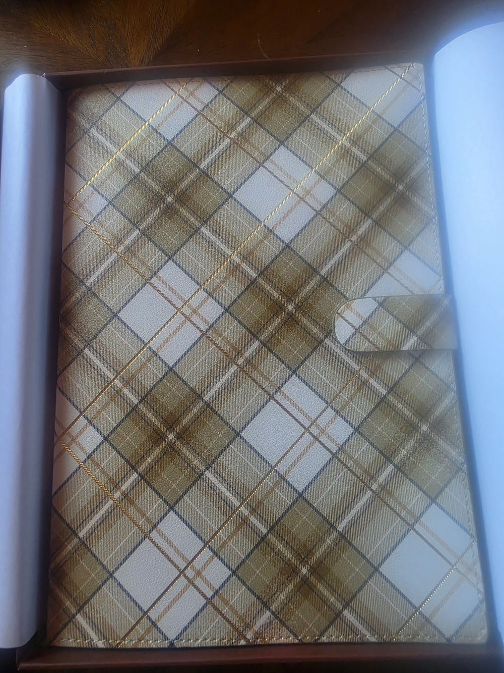 Archer and Olive Plaid Pattern Journal Notebook - Beige & Gold Subscription Box